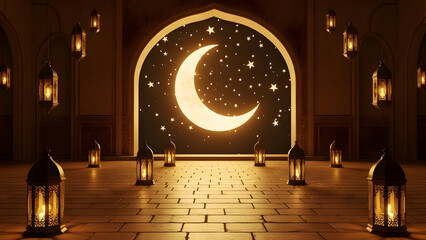 Fototapeta premium Glowing crescent moon and stars visible through an arch with lanterns for ramadan celebration
