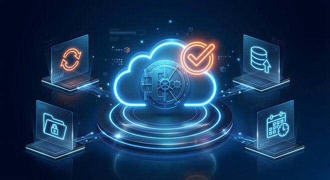 secure cloud computing and data storage concept with neon glowing vault lock icon check mark and digital folder calendar and database screens on futuristic dark blue background