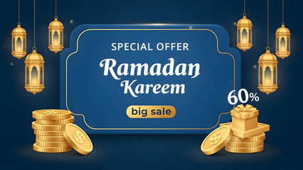 Ramadan kareem special offer big sale banner with golden coins and lanterns