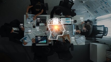 A vibrant team collaborates in a modern office, utilizing technology and digital data visualization to spark innovative ideas during an engaging brainstorming session. Raster - Powered by Adobe