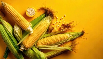 Fresh Corn on the Cob with Husk on Yellow Background.