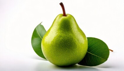 Fresh Green Pear with Leaves on White Background - Healthy Eating.