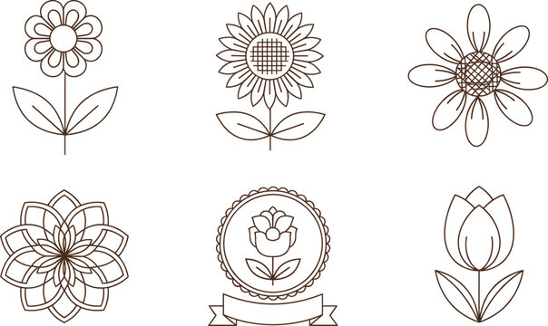 Vector illustration set featuring minimalist brown line art floral icons with sunflowers tulips and daisies for elegant branding designs