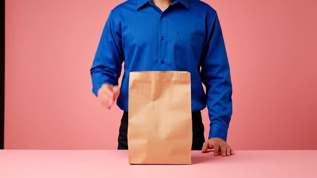 A person in a blue shirt stands behind a brown paper bag on a pink surface
