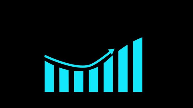Cyan Bar Chart with Concave Curve and Upward Trend on Black Background graph data