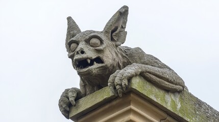 Obraz premium A weathered stone gargoyle with an eroded and grim face perches atop an architectural element against a cloudy sky