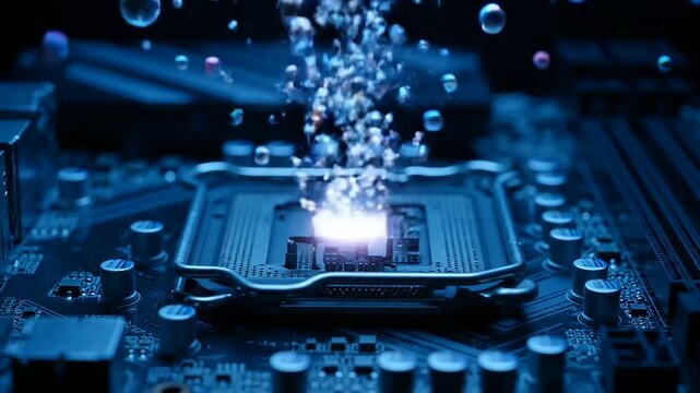 Vibrant glowing energy and abstract bubbles rise from a CPU socket, symbolizing cutting-edge data processing and the captivating Network Infrastructure Aesthetics of modern computing.