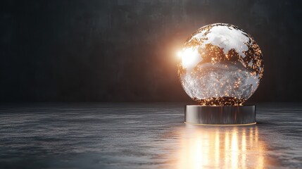 Polished metallic globe illuminated with bright lights on a textured surface