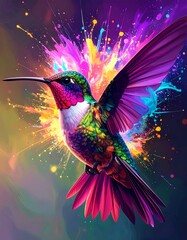 Obraz premium Vibrant hummingbird in flight, surrounded by colorful splashes (1)