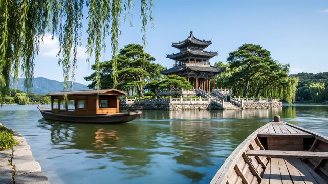 Boat Sailing Past Traditional Chinese Pagoda on Lake