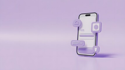 3D rendering of a smartphone with floating app icons and chat bubbles on a purple background, representing digital communication and mobile technology.
