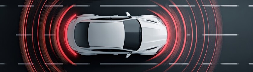 A sleek, modern car is depicted from above, surrounded by red sensor waves, illustrating advanced technology and automotive innovation.