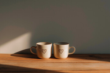 Two Minimal Coffee Cups on Table in Soft Morning Light Cozy Mood