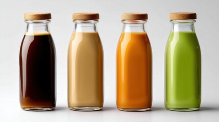 Four stylish glass bottles filled with colorful, vibrant beverages, showcasing attractive designs and fresh ingredients.