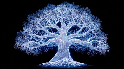 A stylized tree design illuminated in blue, featuring intricate branches and a glowing trunk, merging nature with technology.