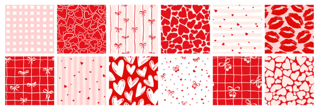 Red Hearts Valentines Day Vector Seamless Patterns Set Cute Classic Retro Lips Coquette Bow, Ribbon Cherries Backgrounds for Love Romantic Fashion Wallpaper or Wrapping Paper, Doodle Checkered Lines