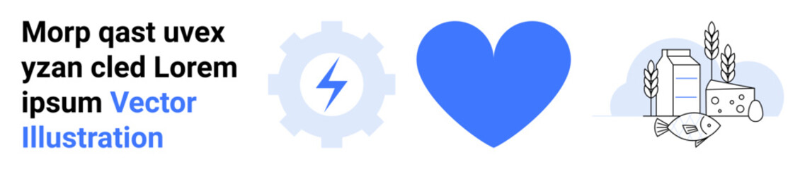 Energy solutions, love, sustainability, healthy living, eco-friendly concepts, agriculture. Blue gear with a lightning bolt, heart icon and food elements. Energy and love are the highlights