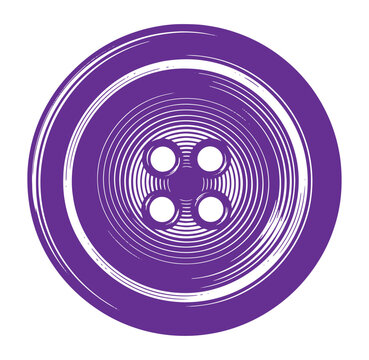Purple button with four holes and circular lines on white background