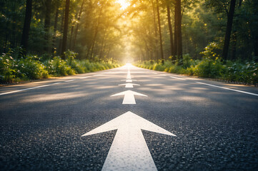 Obraz premium Asphalt road in green forest with white arrow sign marking on surface pointing to the future and sun direction