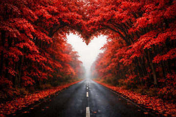 Heart shaped road through red autumn forest with falling leaves and morning mist as romantic nature landscape for seasonal travel or valentine concept