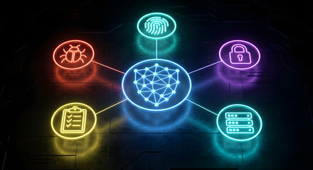 Fototapeta premium cybersecurity concept with neon glowing icons for data protection shield fingerprint biometrics antivirus bug lock security server and compliance on dark digital background