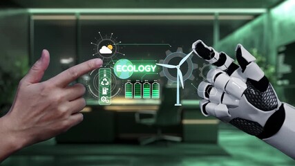 A human hand interacts with a robotic hand in a modern setting, showcasing concepts of ecology and renewable energy through digital symbols and interfaces. Auvana - Powered by Adobe