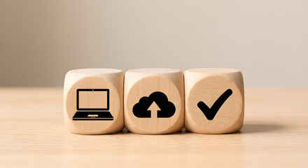 cloud computing and data backup concept with three wooden cubes featuring laptop upload and check mark icons for successful digital transformation and information storage service