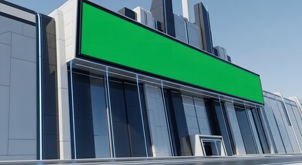 Obraz premium Wide Billboard Green Screen Mockup Modern Corporate Building Exterior Advertising Background