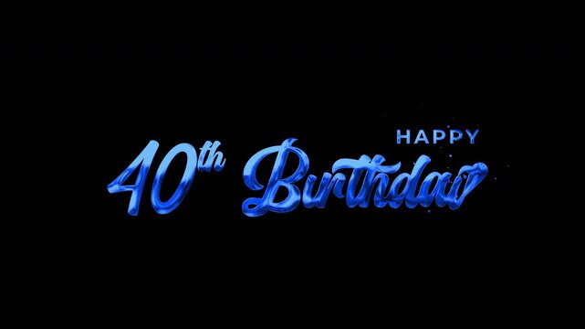 Happy 40th Birthday Text Animation Blue with transparent background alpha channel for party invitations and social media video content.