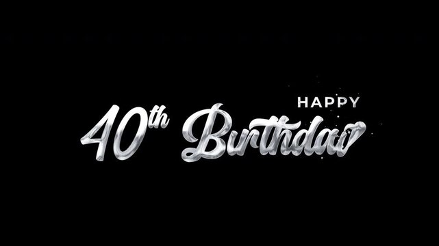 Happy 40th Birthday Text Animation Silver featuring metallic lettering on alpha channel for professional video production and milestone events.