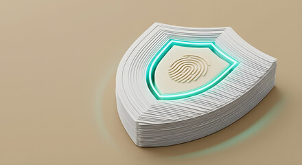 biometric data protection concept featuring white paper layered shield with neon glowing green border and fingerprint icon on neutral background for cybersecurity and identity access