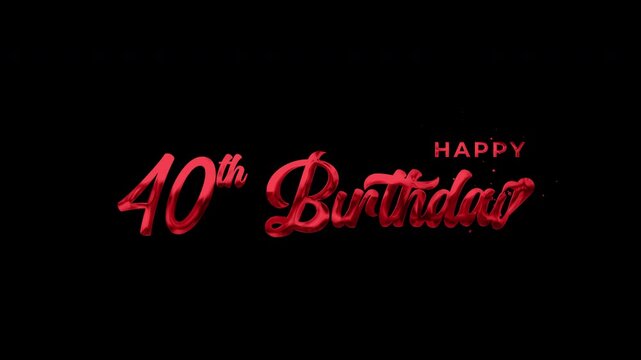 Happy 40th Birthday Text Animation Red featuring elegant script lettering on transparent alpha channel for celebratory video overlays and events.
