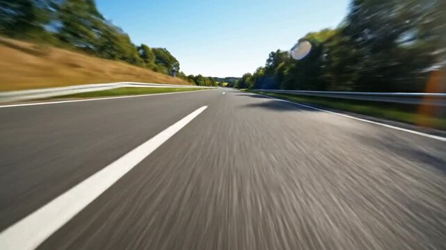 A low-angle view of a road with motion blur on the asphalt guardrails and trees beneath a clear sky