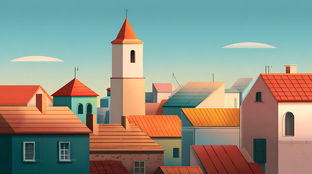 Cozy Village Rooftops at Golden Hour Illustration