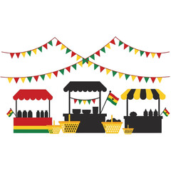Obraz premium Ghanaian market stalls with flags and bunting for festive outdoor shopping