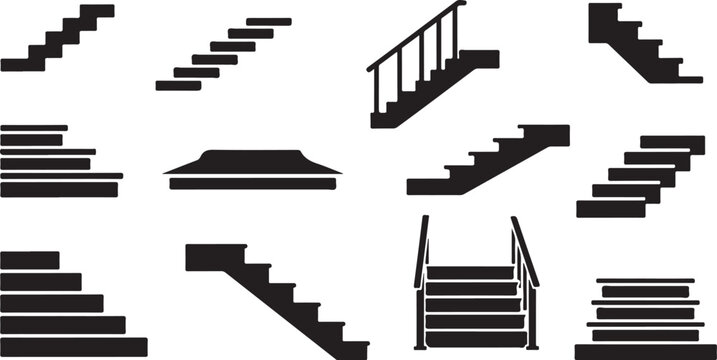 Various Staircases and Steps in Black and White Isolated