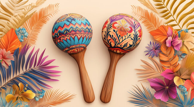 Two vibrant maracas surrounded by colorful tropical leaves and exotic flowers on a light background for a lively celebration concept