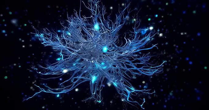 Glowing blue neuron cell with electric impulses on dark background with particles, neural network concept, brain activity, neuroscience research, glowing neuron