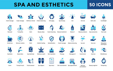 Spa and Esthetics icons set with hand massage, scalp massage, wellness retreat, chakra balancing, anti aging, spa therapy, and zen icon. Simple duotone vector 
