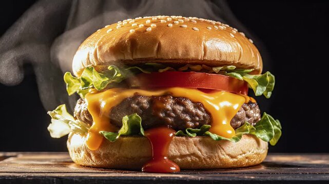 Close up of a freshly prepared hamburger with dripping cheese and condiments