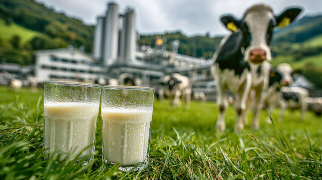 two glasses fresh milk green field foreground dairy cows factory background rural agriculture scene healthy drink