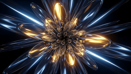 Abstract metallic flower with golden and blue light