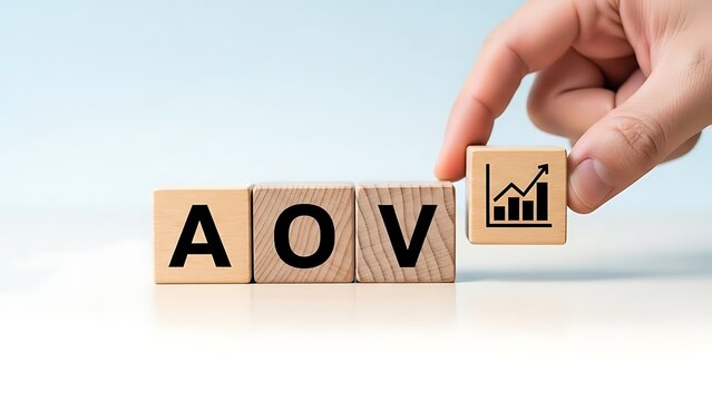 Hand placing aov block with rising graph on wooden cubes
