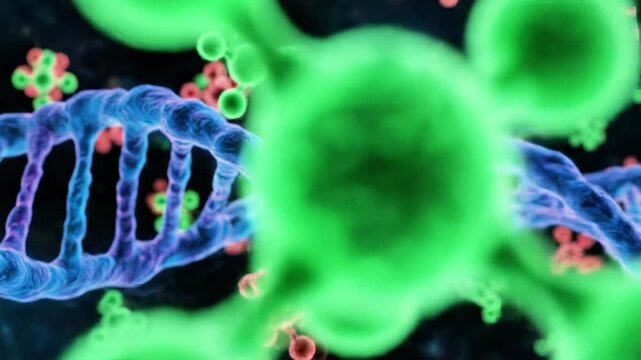 A 3D rendering of intertwined blue DNA strands with green and red molecules floating around them against a dark background