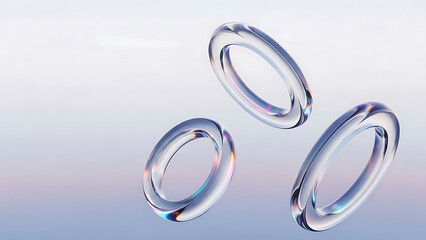 Three clear glass rings floating on a soft gradient background
