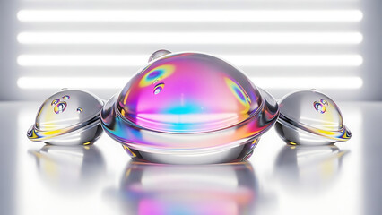 Three iridescent glass spheres with reflections shiny