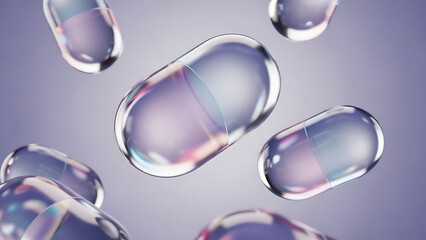 Transparent capsules floating on purple background