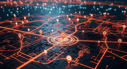 Abstract digital map with glowing orange lines and red location pins, highlighting a central point in a futuristic network.