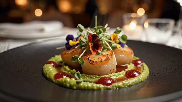 Gourmet dish of seared scallops on a plate with garnish