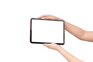Close up of hands holding a pink digital tablet in horizontal orientation and using a stylus pen on blank white screen isolated on white background. Concept for online learning, digital drawing, and c